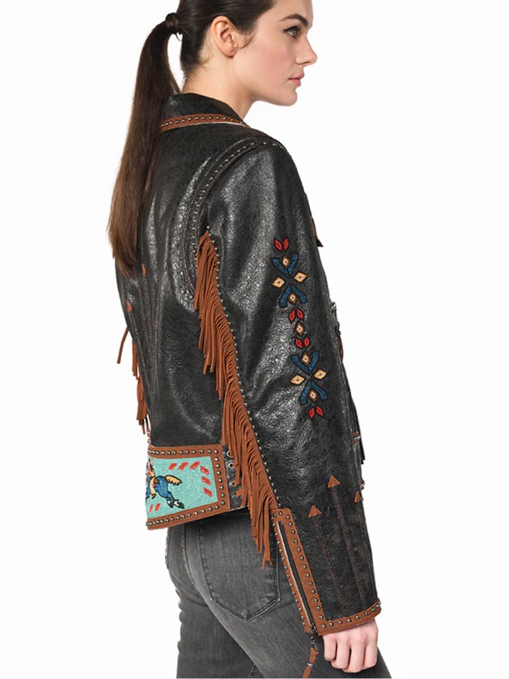 Double D Ranch leather Buffalo Chase Jacket studs beaded buffalo horse cowboy - Picture 4 of 16